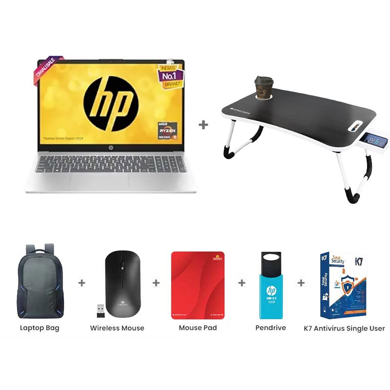 Picture of HP 15 - AMD Ryzen 5 7535HS 15.6" (39.6 cm) 15-fc1004AU Thin & Light Laptop (8GB/ 512GB SSD/ Full HD Display/ AMD Radeon Graphics/ Privacy Shutter/ Backlit KB/ Windows 11 Home/ MS Office/ 1Year Warranty/ Natural Silver/ 1.59Kg) with Laptop Table + Laptop Bag + Wireless Mouse + Mouse Pad + Pendrive + K7 Antivirus Single User